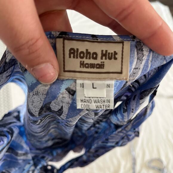 Aloha Hut Hawaii Blue Palm Print Tie Front Bow Blouse Women's Size L - Picture 8 of 9